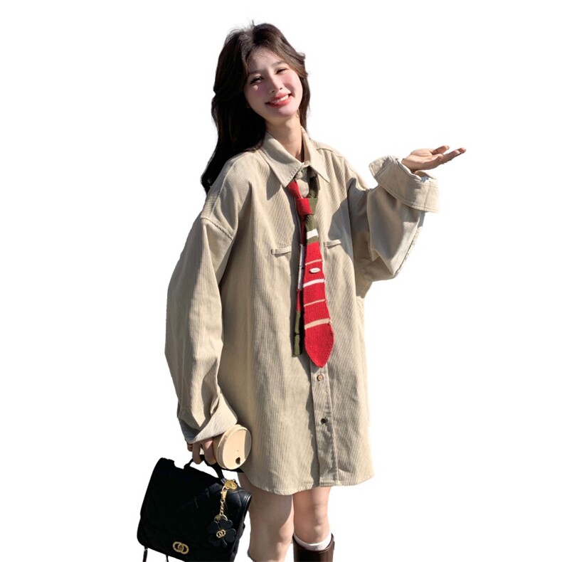 oversize撞色领带灯芯绒衬衫女春秋2026新款独特设计感学院风上衣,女装短外套,2C159