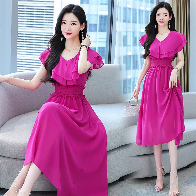 2023年夏季韩版潮流双层荷叶边拼接修身纯色A字裙连衣裙中长款，女装连衣裙，时尚俏佳人