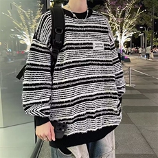 2024潮牌美式撞色条纹圆领毛衣女宽松秋季设计感慵懒针织衫，男装针织衫/毛衣，星座218-1（原230）