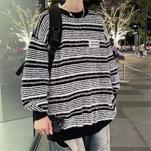 2024潮牌美式撞色条纹圆领毛衣女宽松秋季设计感慵懒针织衫图片