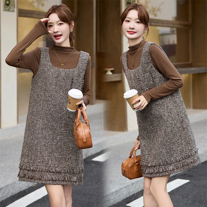 时尚小香风背带裙子百搭洋气针织打底衫2026新款背心连衣裙两件套，女装套装/套裙，蓝诺裳