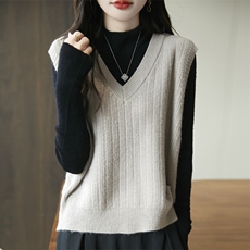 2024秋季新款V领针织加厚毛衣马甲女叠穿配衬衣保暖宽松外穿坎肩，女装马甲，源达羊绒