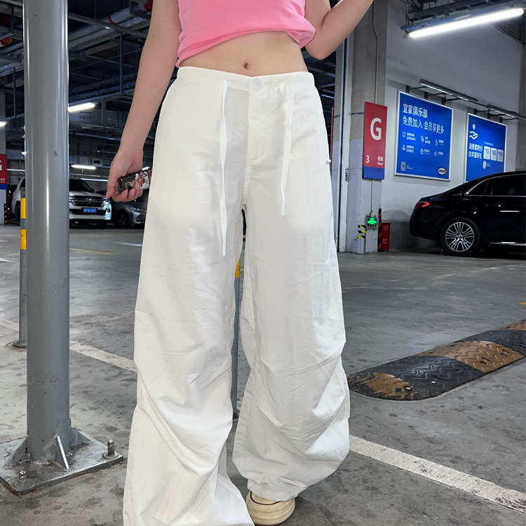 77lin美式复古抽绳褶皱工装裤女夏季新款宽松直筒阔腿休闲长裤子,男装工装外套,星座506A
