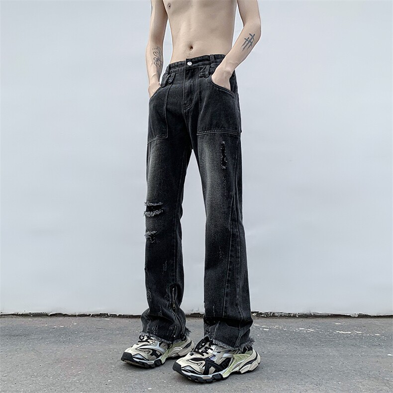 B221美式ins高街小众重工艺拉链破洞牛仔裤LK23016-P65控88,男装牛仔裤,电商B221