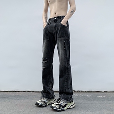 B221美式ins高街小众重工艺拉链破洞牛仔裤LK23016-P65控88，男装牛仔裤，电商B221