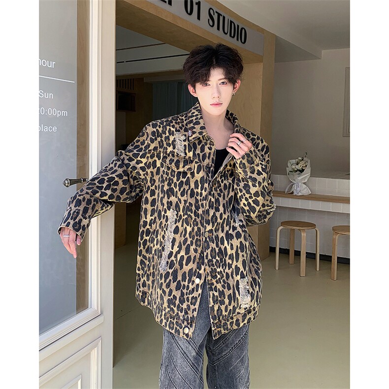 春秋美式高街复古豹纹水洗破洞外套男宽松情侣夹克潮JK86299-P73,男装夹克,星座1008