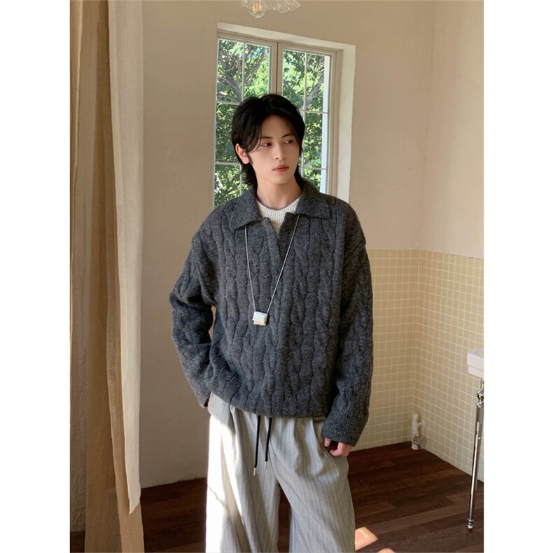 网图有货秋冬慵懒风假两件撞色复古翻领麻花套头针织衫A1028-P58，男装针织衫/毛衣，星座1505