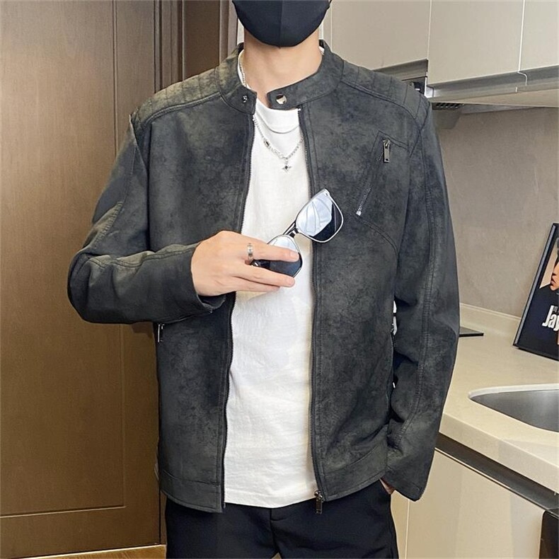 JK896-P100美式复古做旧PU皮夹外套男秋冬季加绒短款夹克潮,男装夹克,电商D310B-1