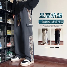 春款男工装裤大口袋小熊字母印花抽绳束脚长裤M-5XLH865P65，男装休闲裤，星座1013-1