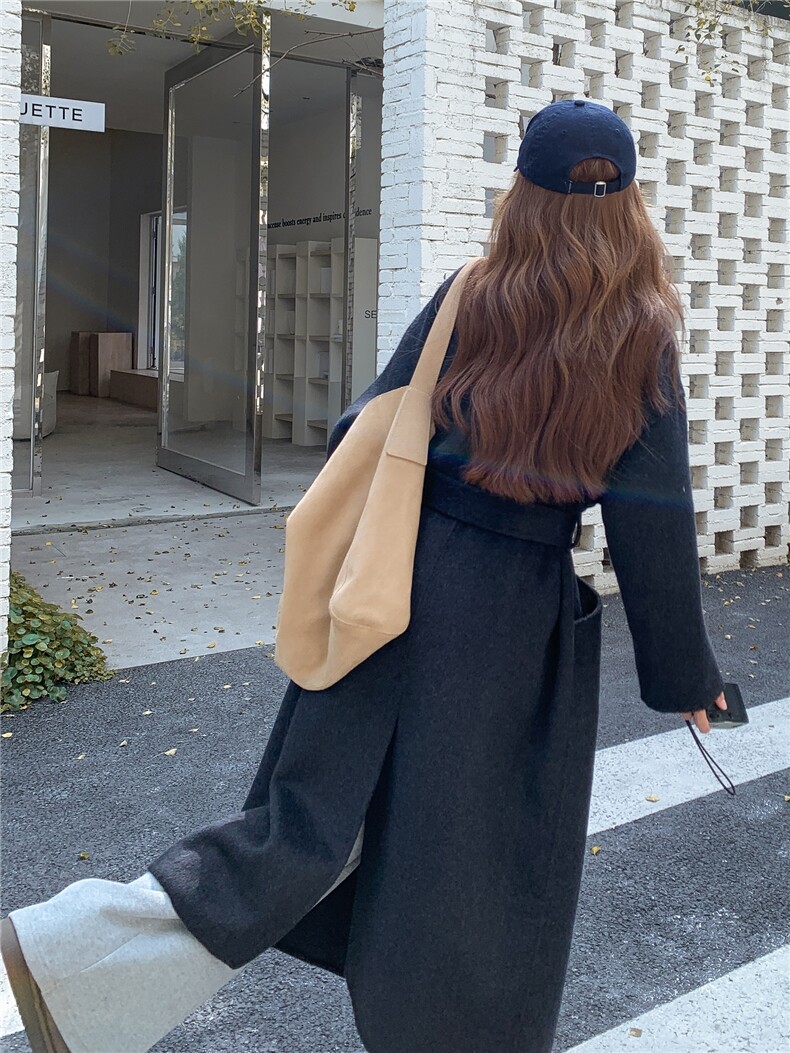 高级感双面羊绒大衣女冬季新款中长款韩版系带收腰毛呢外套老钱风,女装毛呢外套,韩然一族