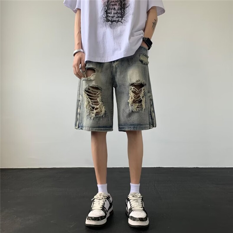 美式高街水洗破洞牛仔短裤男直筒宽松潮牌ins五分裤夏季80511-p40,男装牛仔裤,星座1008