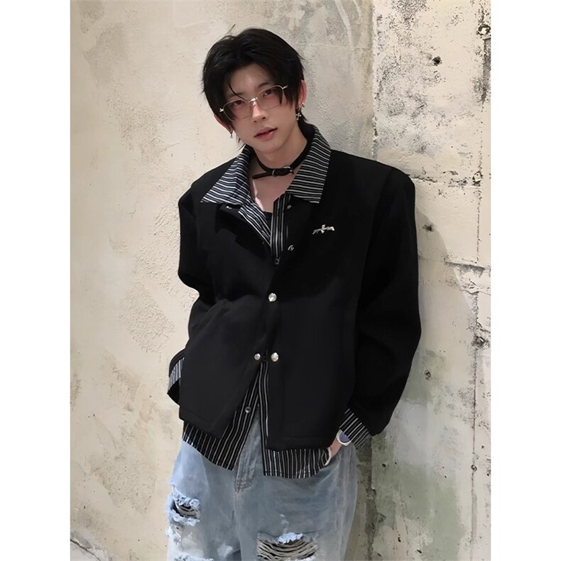 cleanfit假两件条纹拼接衬衫卫衣男款翻领高级感衬衣痞帅开衫外套,男装衬衫,四季星座505