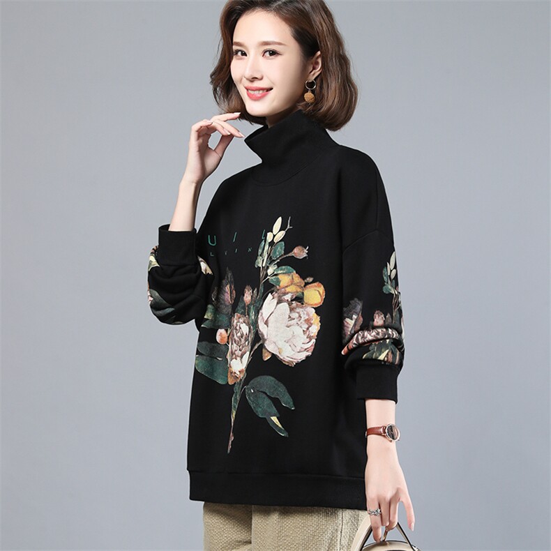 春装女装2022年款潮韩版时尚印花高领卫衣女宽松显瘦长袖上衣图片