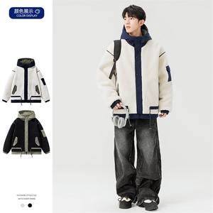 情侣棉服男士加绒加厚拼接工装保暖羊羔毛冬装外套M021-P135