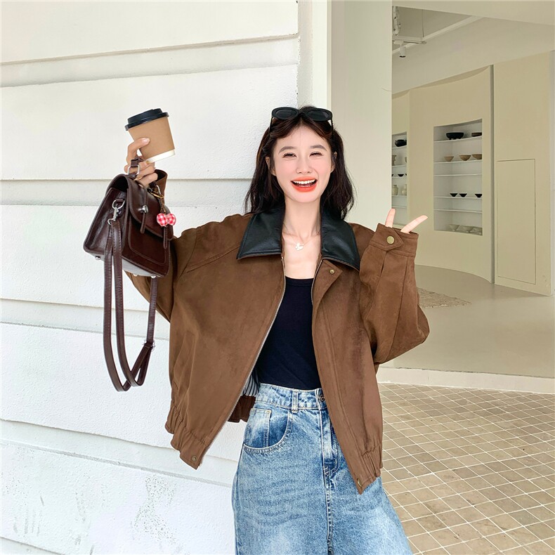 美拉德麂皮绒外套女宽松2025秋新款甜酷风小个子百搭短款夹克上衣,女装短外套,2C126
