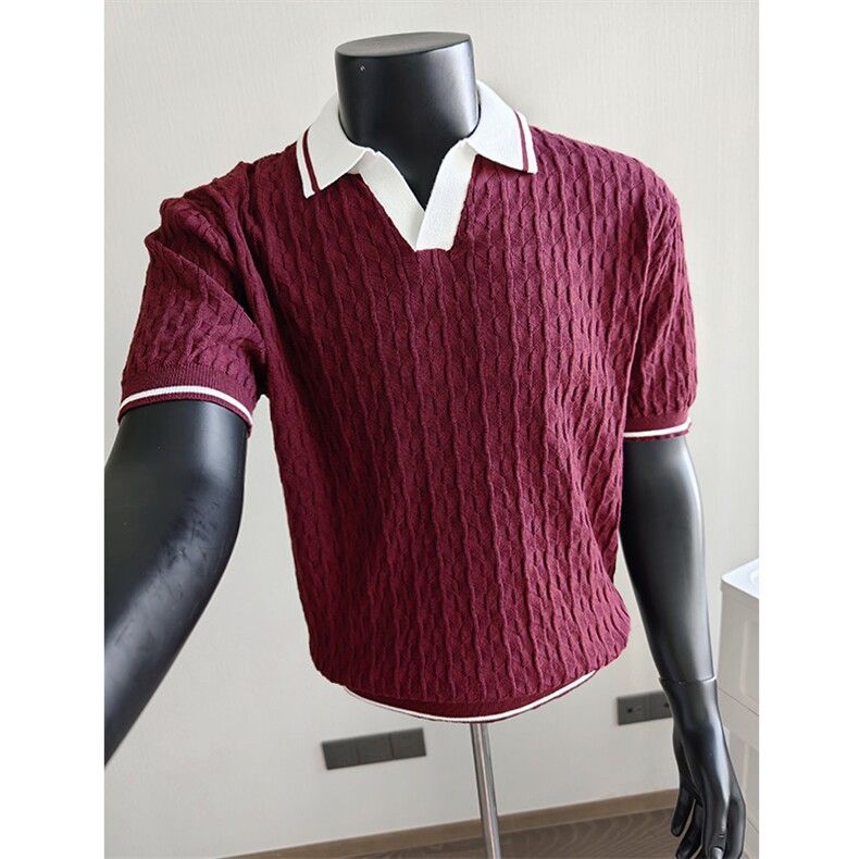 盗图老钱风海鸥领提花撞色冰丝针织短袖POLO衫H91048/P58控88，男装T恤，电商A243