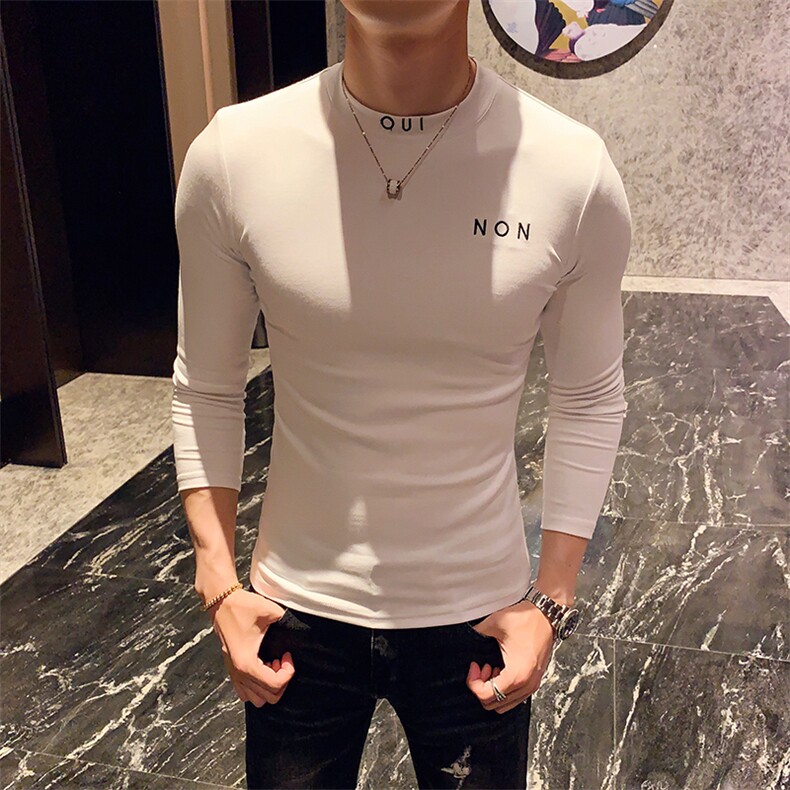 秋季新款 潮流休闲纯色修身小高领绣花长袖T恤打底衫男1009-p35图片