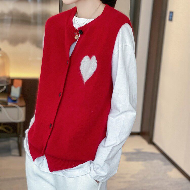 女针织马甲圆领开衫马夹羊绒短款毛衣坎肩宽松大码羊毛背心打底潮，女装马甲，德聚羊绒