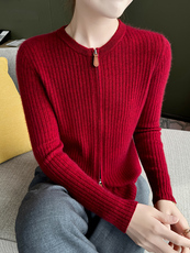 双拉链坑条羊绒开衫女圆领简约百搭修身打底衫针织毛衣外套秋冬款，女装针织衫/毛衣，暖绒情旗舰店