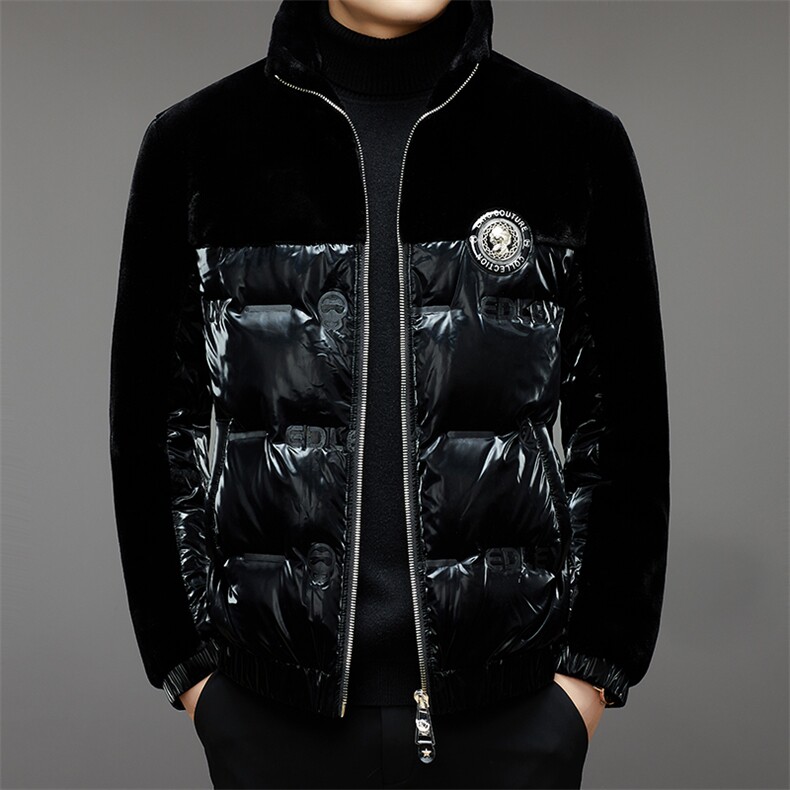 高端新款立领拼接金貂绒亮面白鸭绒羽绒服外套男潮流休闲夹克图片