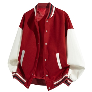 美式PU皮撞色棒球服毛呢宽松男女飞行夹克J826-P85图片