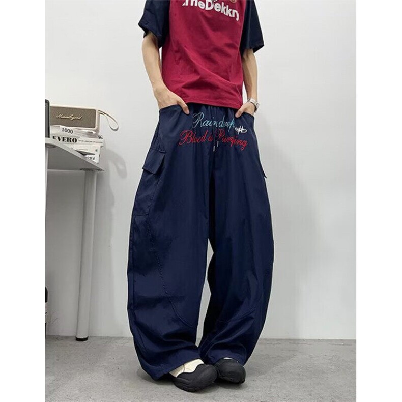 字母刺绣弯刀阔腿裤男女夏季宽松褶皱速干街舞休闲长裤KA8036,男装休闲裤,星座1116A（原606A-3）