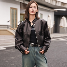 现货仿绵羊皮皮衣女短款时尚外套小立领机车款2024春秋新款潮显高，女装皮衣，潮流依族