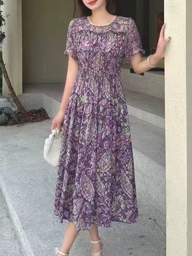 （现货）紫色碎花收腰显瘦V领连衣裙子夏款中长款连衣裙女装,女装连衣裙,韩蔻秀