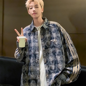 美式复古三条杠扎染长袖衬衫男宽松百搭寸衣情侣款衬衣外套CS166图片