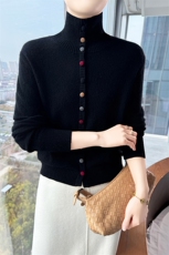 秋冬100%纯羊毛假开衫女高翻领彩扣针织外套毛衣宽松洋气羊绒上衣，女装羊毛衫，百越羊绒