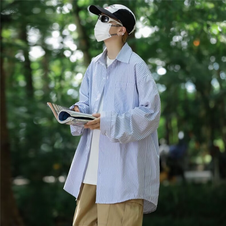 早秋日系条纹长袖衬衫男士衬衣宽松潮牌痞帅休闲外套 CS05-P30图片