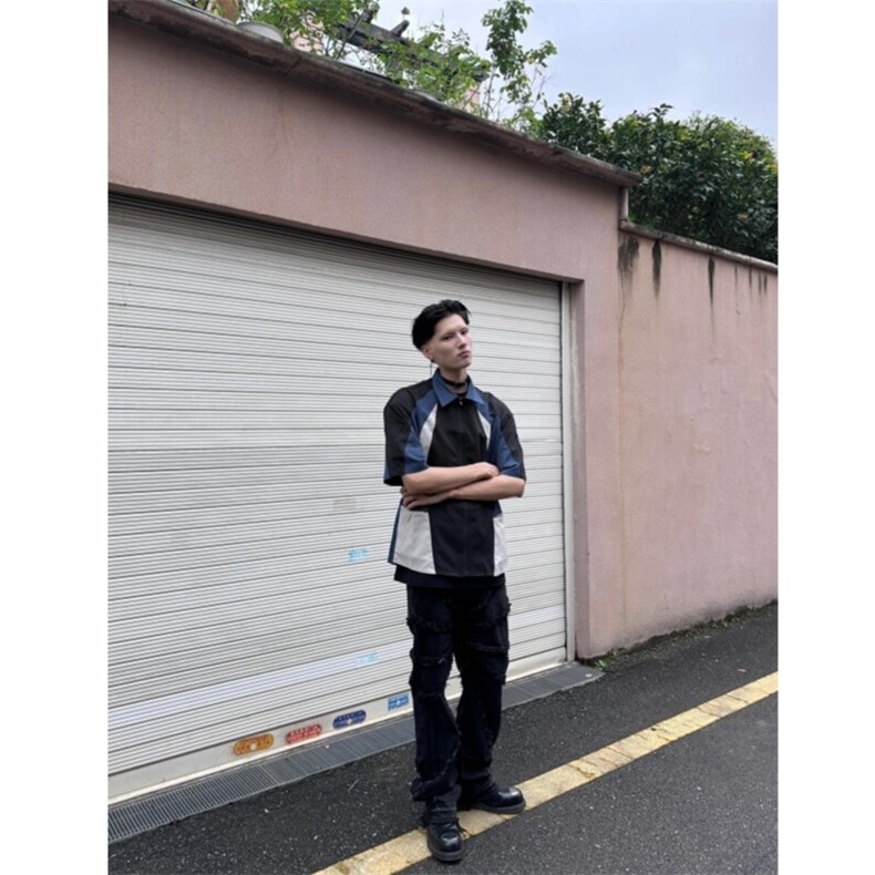 现货美式复古垫肩短袖衬衫拼接拉链衬衣潮男,男装T恤,星座910A