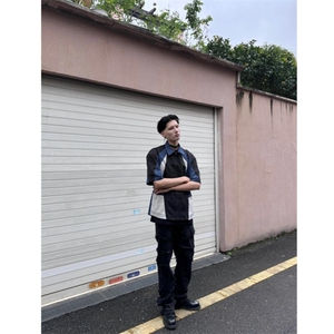 现货 美式复古垫肩短袖衬衫拼接拉链衬衣潮男图片