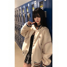 美式白色刺绣夹克棉服男女冬季棒球纹理外套学院风加厚夹棉棒球服，男装夹克，星座506A