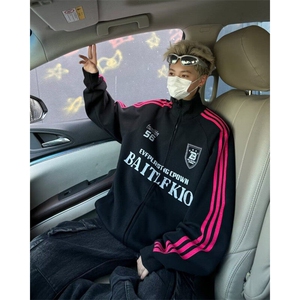 美式拉链袖子条纹开衫外套男女宽松情侣棒球服运动夹克 Y8055-53图片