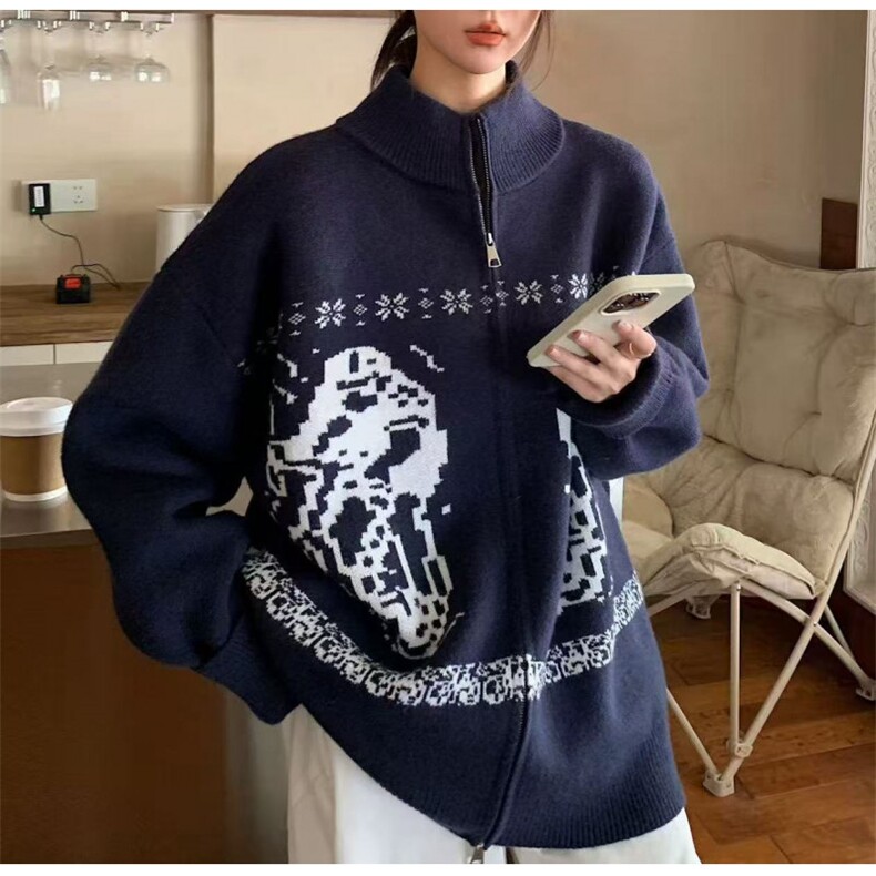 复古提花立领开衫毛衣女情侣款针织衫休闲上衣外套ZZS159P65，男装针织衫/毛衣，电商D256A(原A064A)