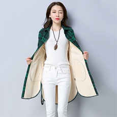 时尚格子长袖加绒有字母图案中长款2021年秋季修身显瘦衬衫，女装衬衫，鑫鑫格