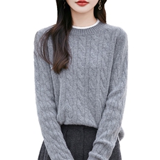 25秋冬100%纯羊毛衫女圆领拼色扭花假两件针织毛衣宽松加厚羊绒衫，女装羊毛衫，暖烁羊绒
