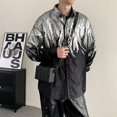 春季小众设计感夜店网红炸街刺绣亮片丝绒衬衣男长袖衬衫宽松个性，男装衬衫，星座909