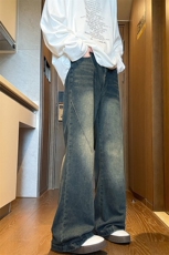 美式复古拼接微喇牛仔裤男款春秋高街水洗渐变裤子KZ005P60加绒70，男装牛仔裤，电商B312