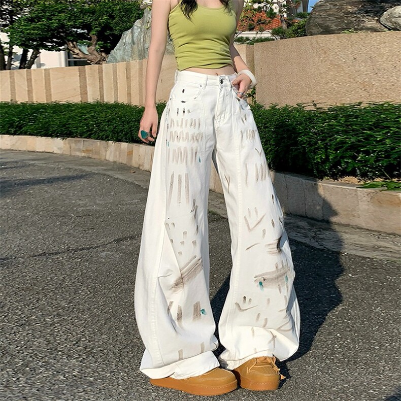 夏季涂鸦白色牛仔裤女士高个子加长版宽松阔腿弯刀裤子设计感小众,男装牛仔裤,星座506A