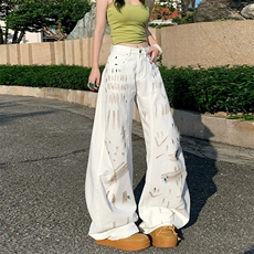 夏季涂鸦白色牛仔裤女士高个子加长版宽松阔腿弯刀裤子设计感小众，男装牛仔裤，星座506A