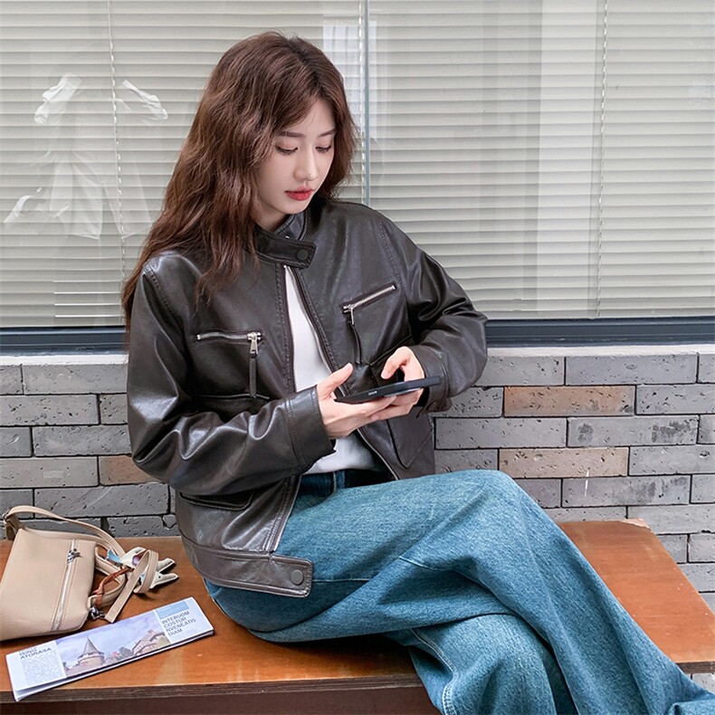 新款2C256-613-P135-K208休闲立领皮衣外套,女装皮衣,2C256