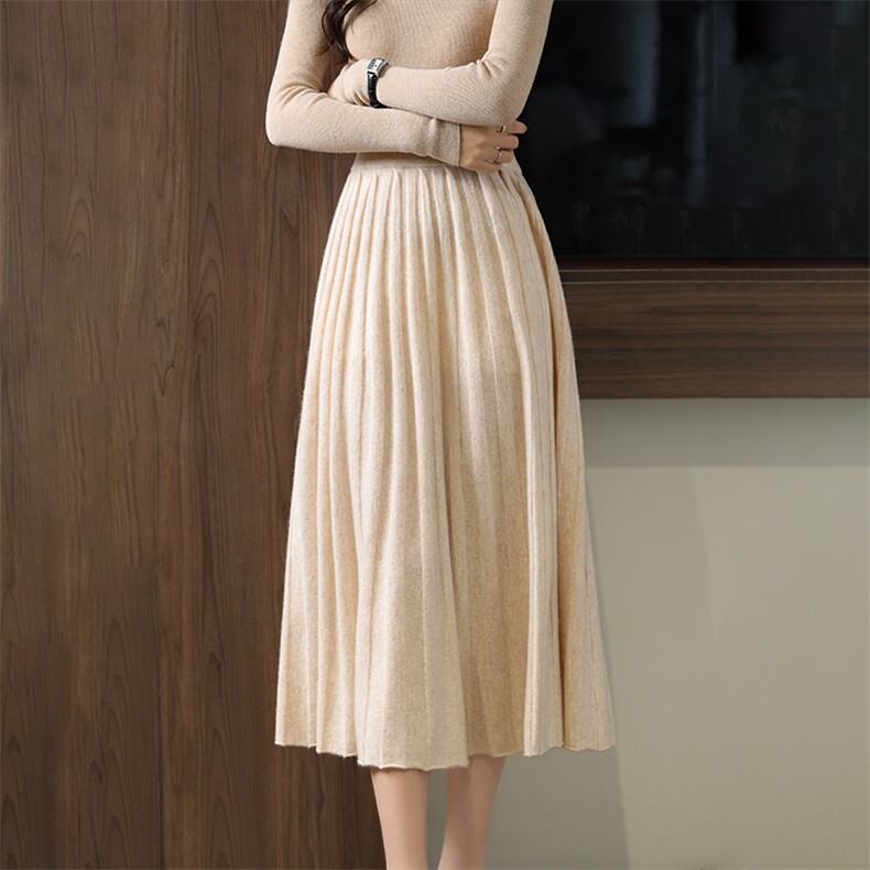 2025年秋季中腰百搭中长款百褶长裙，女装半身裙，举月羊绒