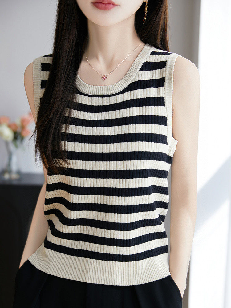 2025新款针织吊带背心女修身条纹圆领百搭显瘦时尚无袖上衣打底，女装T恤，绒泰祥