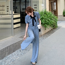 撞蓝色蝴蝶结小香风套装2025新款女初夏法式高级感大方得体两件套，女装套装/套裙，2C159