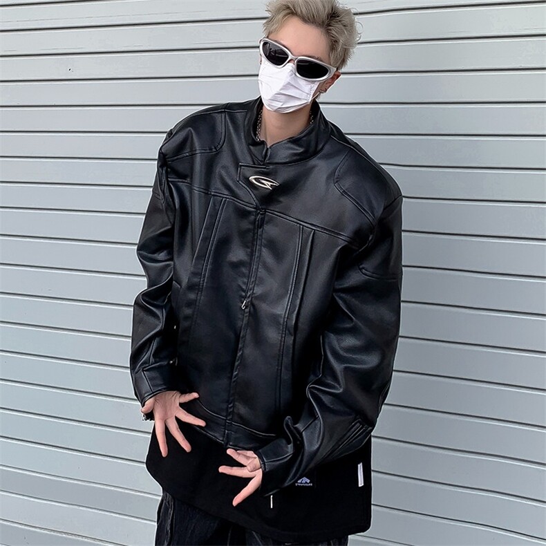 立领高级感机车皮衣男春秋短款垫肩夹克宽松飞行外套潮牌Y158/P95,男装夹克,星座506