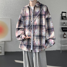 衬衫男秋冬新款港风宽松扎染格子长袖衬衣CS300-特P28，男装衬衫，星座214-3