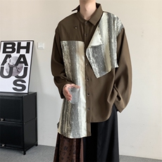 秋季新中式复古风高级感法式拼接衬衫男女半高领设计感飘带上衣，男装衬衫，星座909
