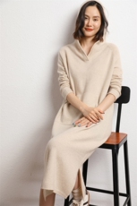 时尚潮流2024年秋季12针平面连帽羊然双兜连衣裙，女装连衣裙，五色羊羊绒
